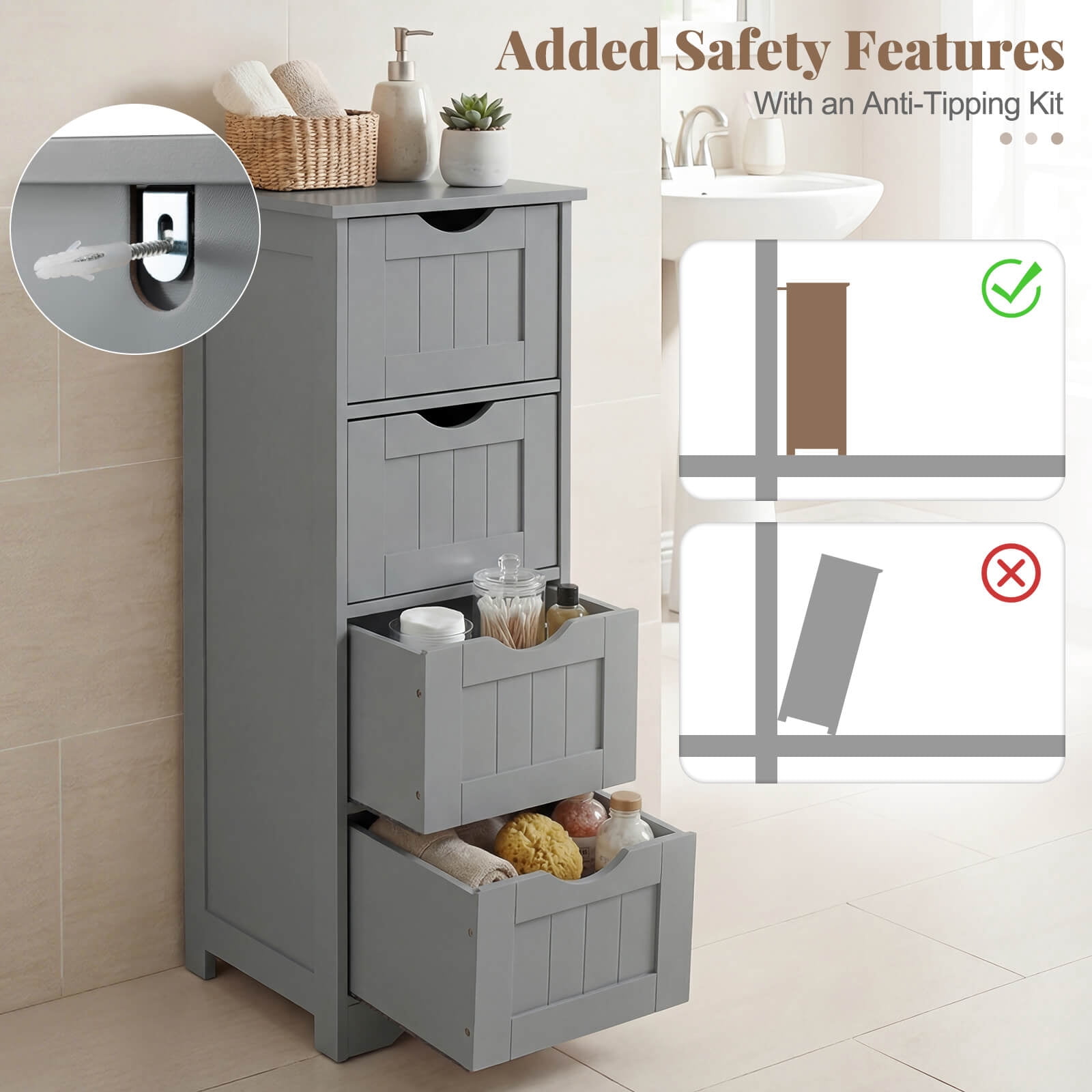Costway 32.5'' Bathroom Floor Cabinet with Anti-tipping Device Freestanding Towel Cabinet Gray