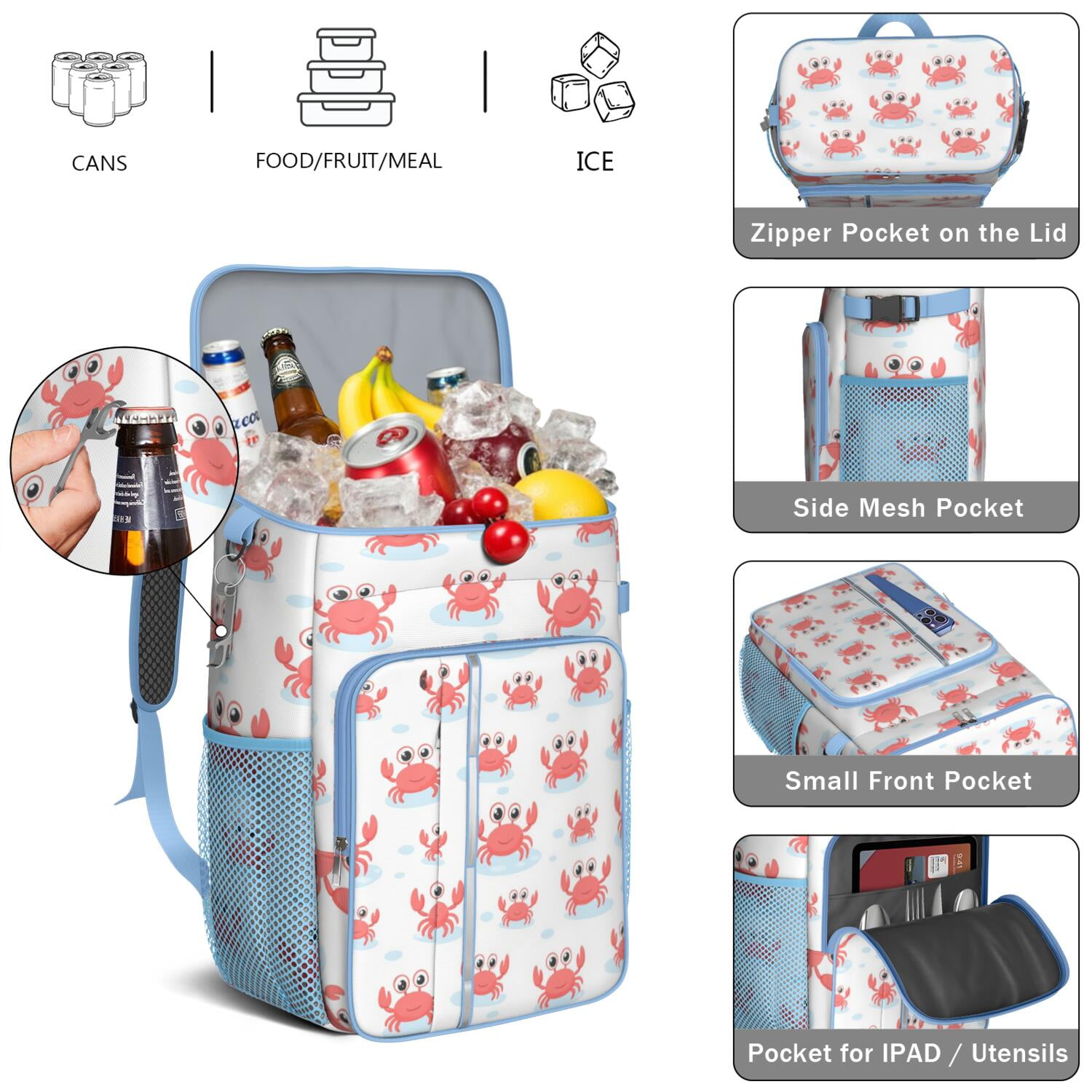 Insulated Cooler Backpack,Soft Backpack Coolers Insulated Leak Proof Travel Cooler Bag Waterproof Lunch Picnic Beach Work Trip Thermal Bag Drink Beverage Beer Bag Cooler Marine Adorable Crab
