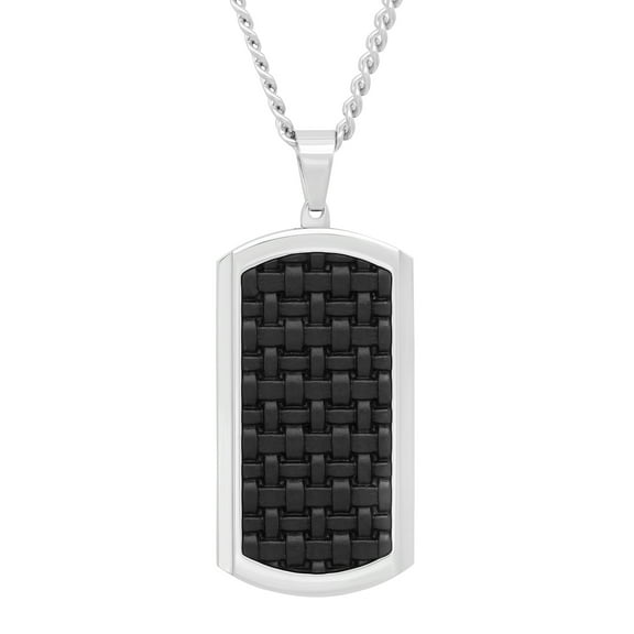 Mens Stainless Steel Woven Faux Leather Dog Tag Pendant Necklace