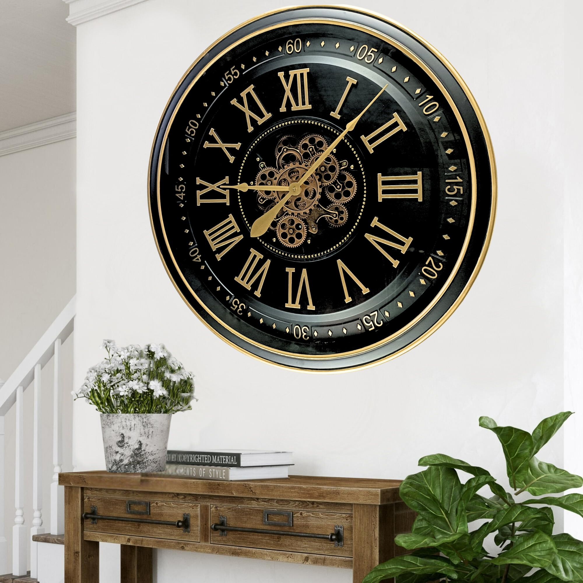 THE GEARS CLOCK Wall Clock with Real Moving Gears IR-LI_ 32 in Round BLACK-ANTIQUE