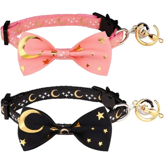 2 PCS Breakaway Cat Collar with Bow Tie and Bell Golden Moon Glowing Star in The Dark for Kitten