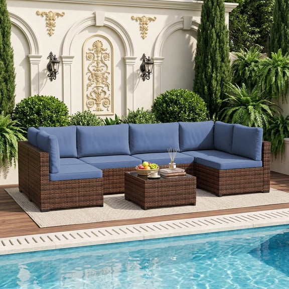 LHBcraft 7 Pieces Patio Conversation Set, All-Weather Rattan Wicker Outdoor Sectional Furniture with Coffee Table for Garden & Backyard & Poolside, Taupe-Blue