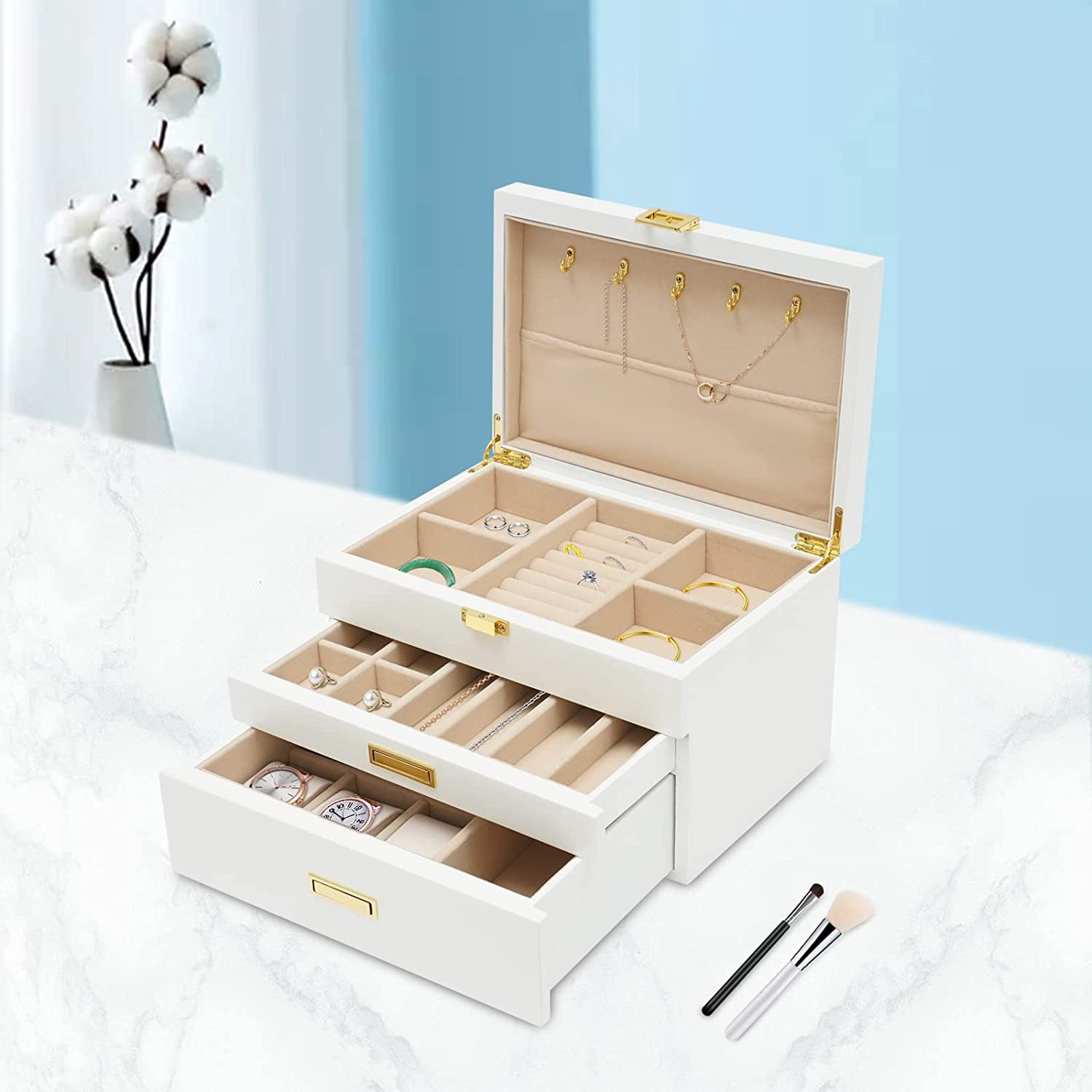 Women 3 Layers Wooden Jewelry Box for Jewelry Organizer Drawer Jewelry Display Box with Soft Velvet Lining for Ring Necklace Earring Bracelet (White)