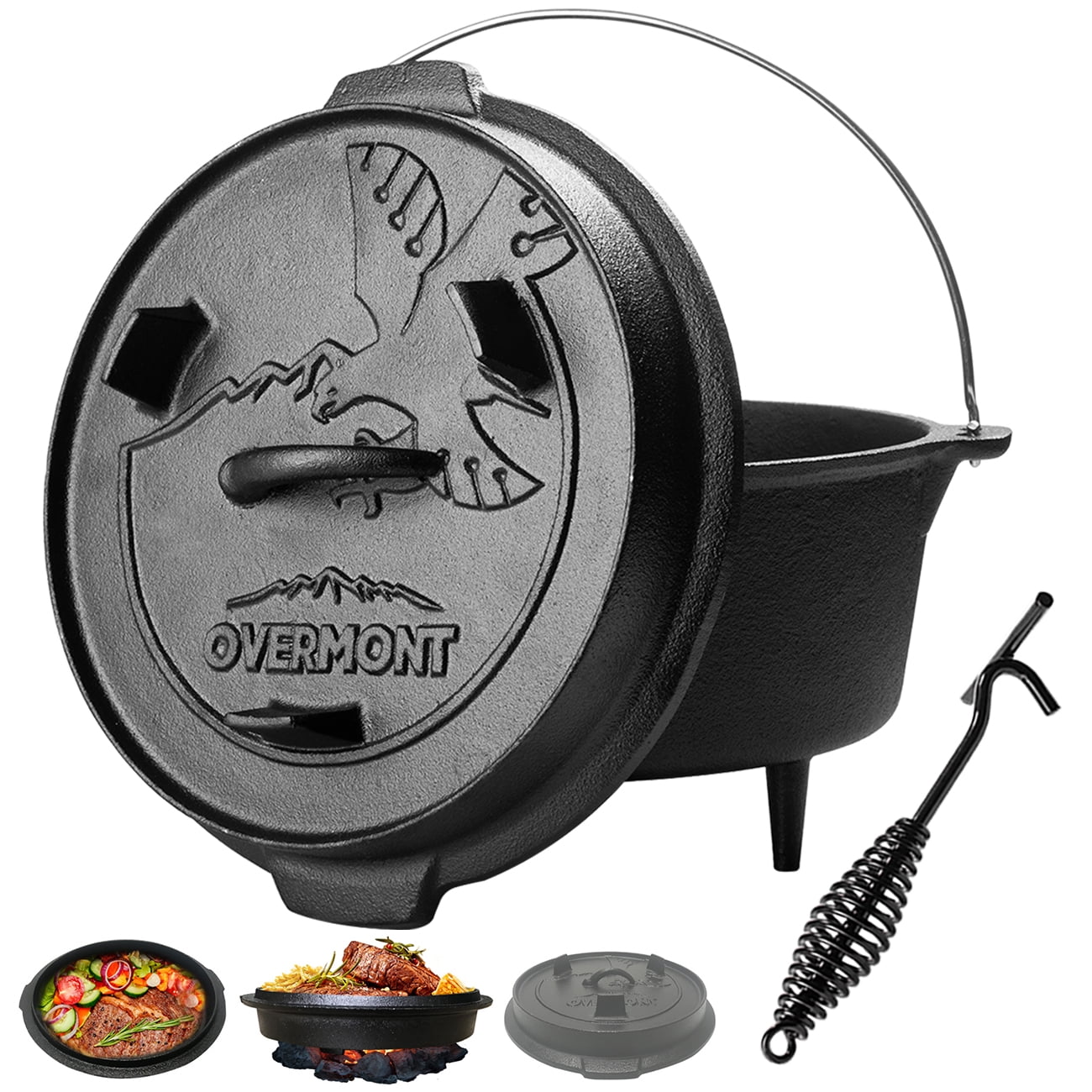 Overmont Camp Dutch Oven Pre Seasoned Cast Iron Lid Also a Skillet