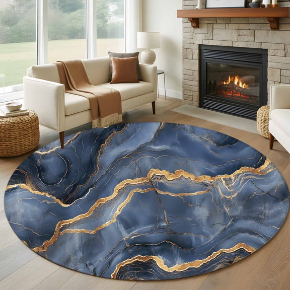 Round Rugs 8Ft, Marble Navy Blue Round Area Rug Washable Indoor Throw Carpet, Golden Abstract Art Contemporary Large Non Slip Circle Rug for Kids Room RV Home Decor Aesthetic