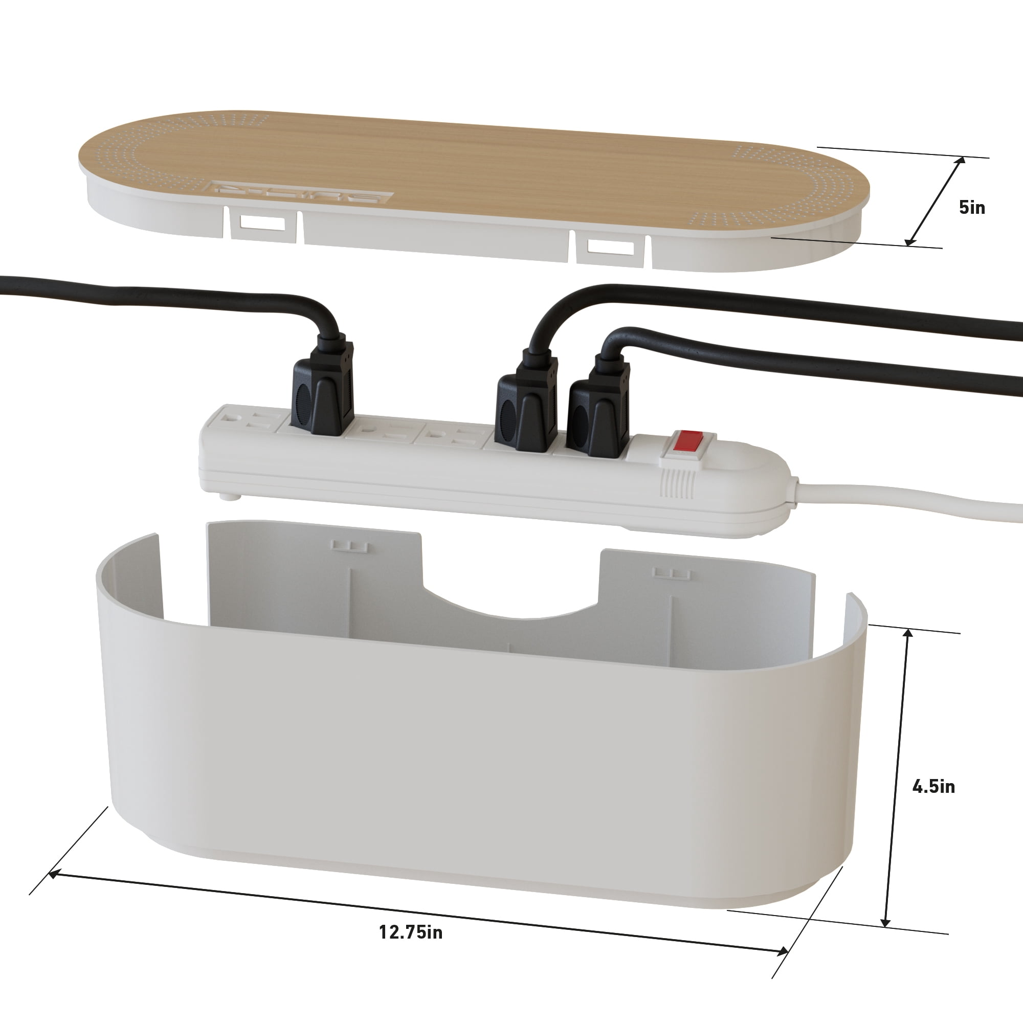 D-Line Cable Management Box, Hide Power Strips & Cords - Small, White with Wood-Lid
