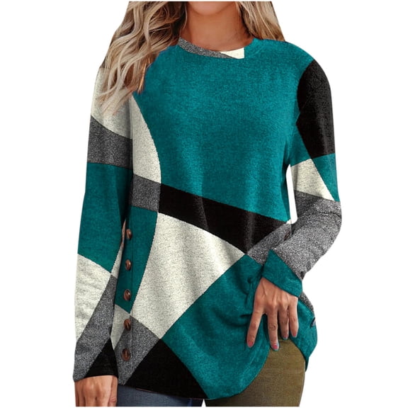 Aoochasliy Ladies Tops Long Sleeve Clearance Casual Buttons Geometric Contrast Color Long Sleeve Round-Neck Top