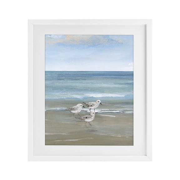 Stupell Industries Three Shorebirds & Gentle Waves White Framed Print Under Glass, design by Nan