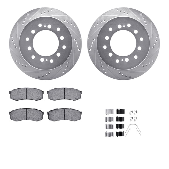 Dynamic Friction Company Rear Brake Rotors-Drilled and Slotted-Silver with 5000 Advanced Brake Pads includes Hardware 7512-76099