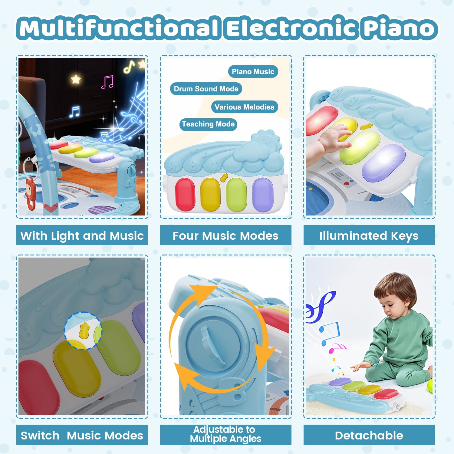 WonderStone Baby Gym Playmat for Infant,Tummy Time Water Mat with 5 Infant Sensory Baby Toys & Musical Piano Activity for 0-36 Months Boys Girls，Blue