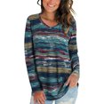 thumbnail image 1 of ZheElen T-shirt Femme Automne Imprimé Col en V Manches Longues Blouse Décontractée, Bleu, L, 1 of 5