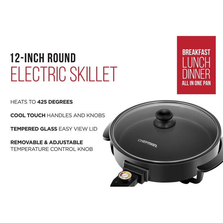 12 In. Black Non Stick Electric Skillet Aluminum Body and Tempered Glass Lid, Removable Temperature Knob 12 In. Black Non Stick Electric Skillet Aluminum Body and Tempered Glass Lid, Removable Temperature Knob