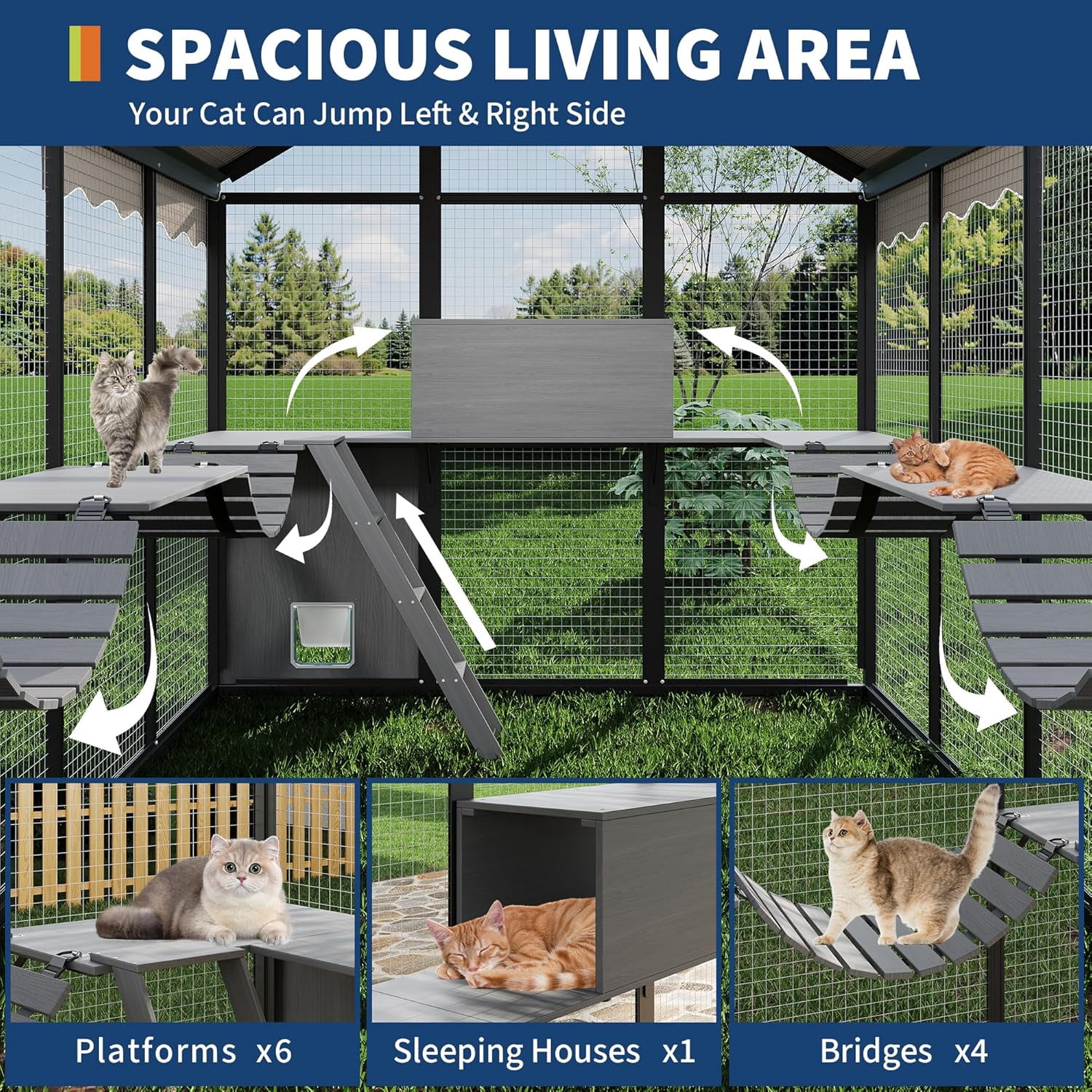 Large Outdoor Cat Enclosure,Aluminum Walk-In Wooden Outside Cattery Cat Run  with Weatherproof Roof with Channels, Side Door, UV Proof Cover, Idea for Multiple Cats