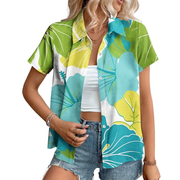 Qulqfy Hawaiian Print Short Sleeve Shirts for Women Fashion Short Sleeve Casual Button Turn Down Collar Drop Shoulder ladies Tops
