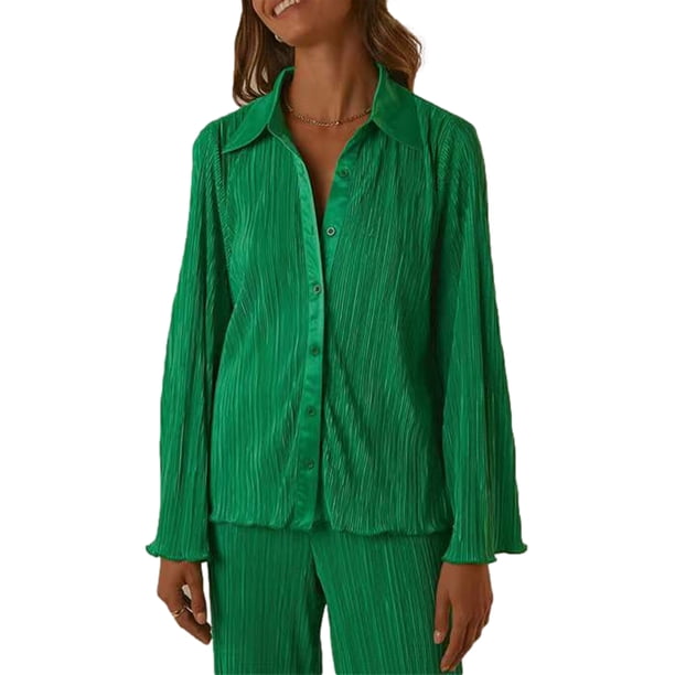 SAYOO , ropa informal para mujer, trajes de Color sólido con volantes, botón de solapa, camisa de manga larga, Tops y pantalones de pierna ancha sueltos SAYOO casual