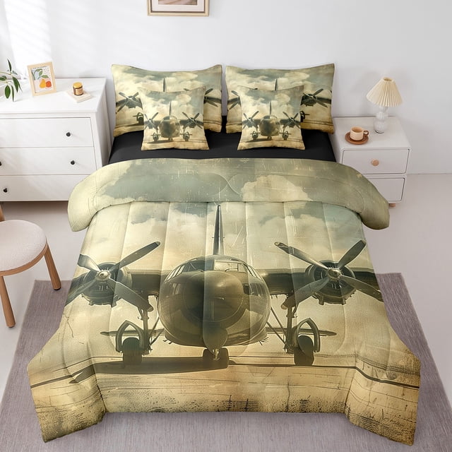 YST Airplane Comforter Set, Vintage Airplane Decor, 7-Piece, King