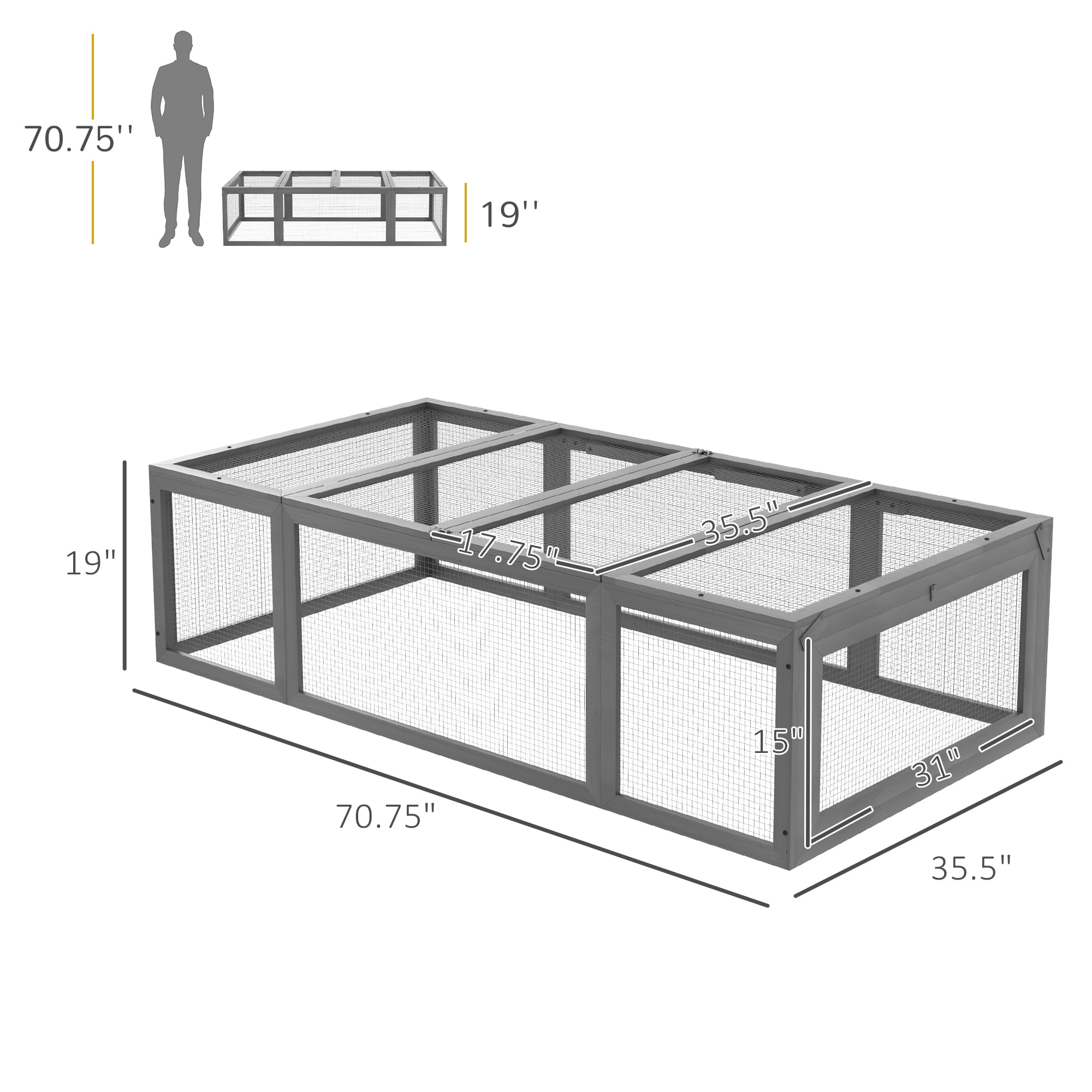 PawHut Large Wooden Rabbit Hutch Small Animal Habitat Enclosure, Gray