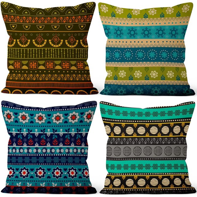 LAICAIW Boho Pillow Covers 20x20 Inch, Hippie Bohemian Decorative Throw Pillow Covers Blue Square Cotton Linen Couch Pillow Cases for Home Decor, Set of 4 (No Insert Included)
