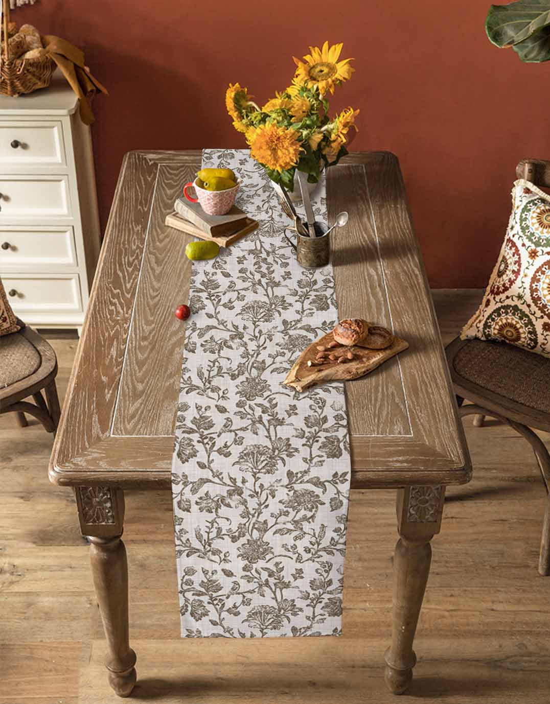 Farmhouse Brown Burlap Cotton Table Runner 13x70 Inches Long, Vintage Flower Leaf Botanical Plant Farmhouse Table Runners, Outdoor Dining Tablecloths Decor for Baby Shower/Party/Wedding