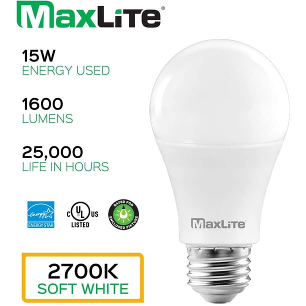 16 Pack Led Light Bulb MaxLite A19 LED Bulb, Enclosed Fixture Rated
