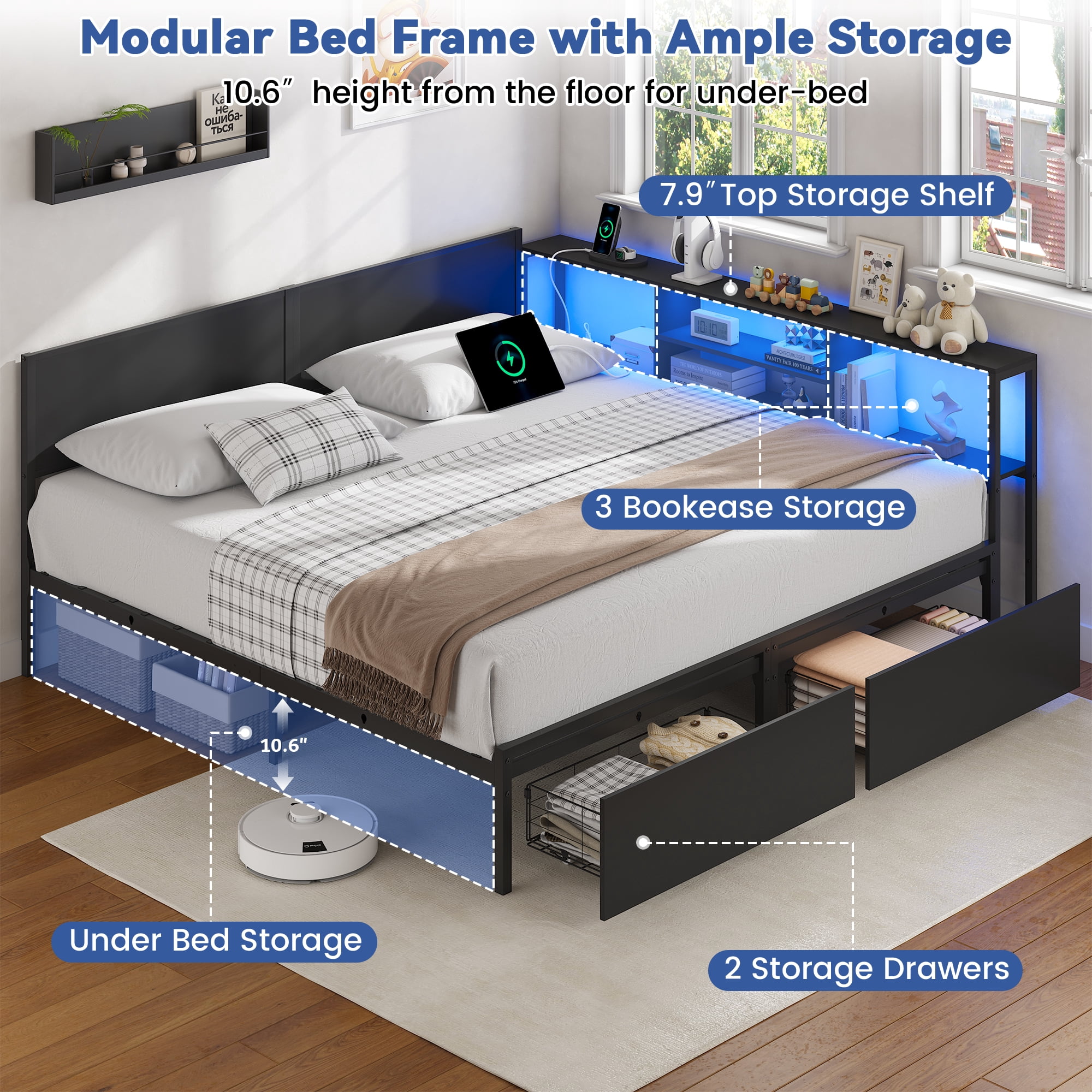 Miniyam King Size Bed Frame with Storage, 2-in-1 Convertible Twin Beds, LED & Charging Station, Gray