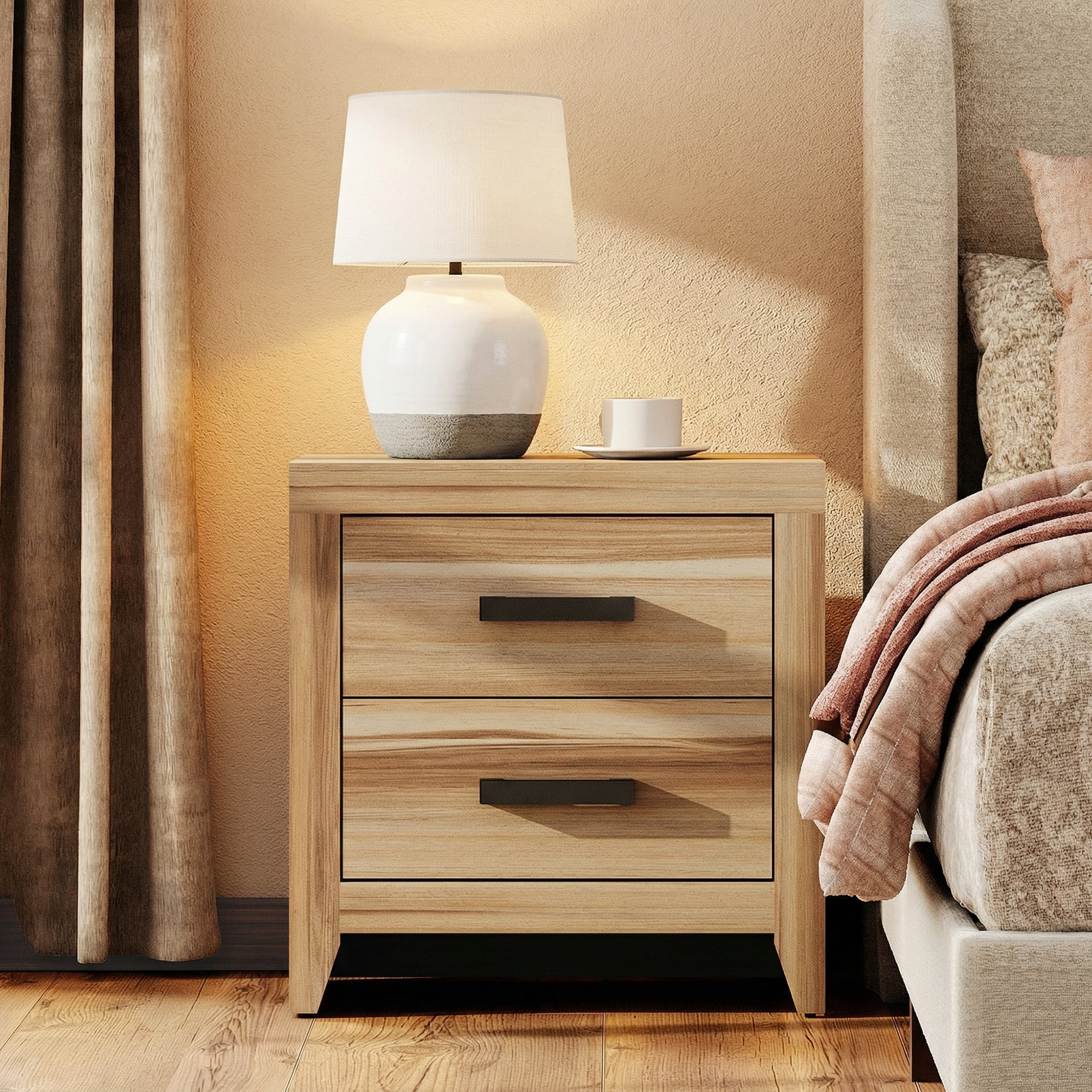 Set of 2 Farmhouse Rustic Wooden Nightstand With 2 Smooth‑Glide Storage Drawers,Solid‑Base Bedside End Table,Multi‑Purpose Accent Side Cabinet For Bedroom,Living‑Room,Two-Tone