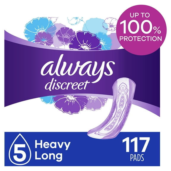 Always Discreet Heavy Absorbency Incontinence Pads, Long Length, 117 ct
