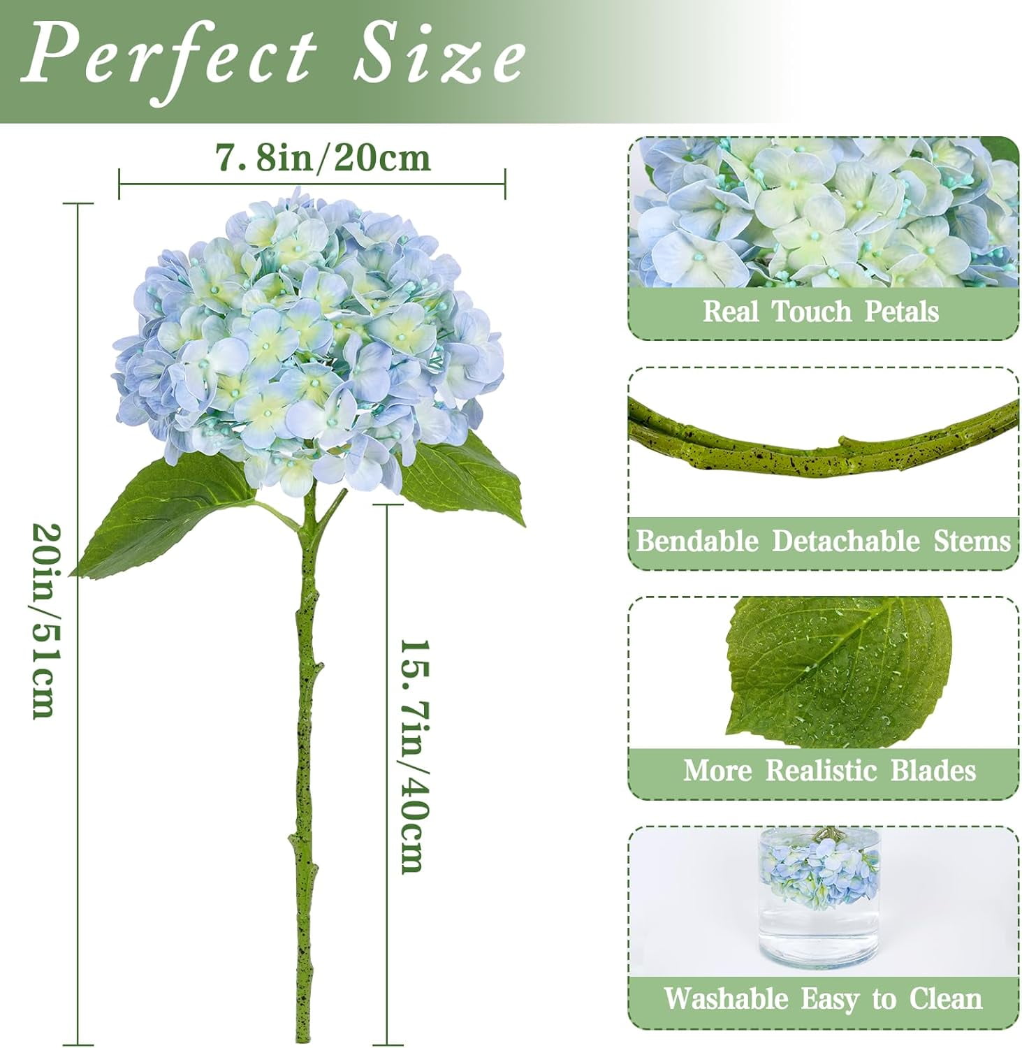 Waipfaru 4Pcs Hydrangea Artificial Flowers,20" Faux Hydrangea Flower with Stems,Full Latex Real Touch Hydrangea Flowers for Office Home Party Wedding Decor(Blue)