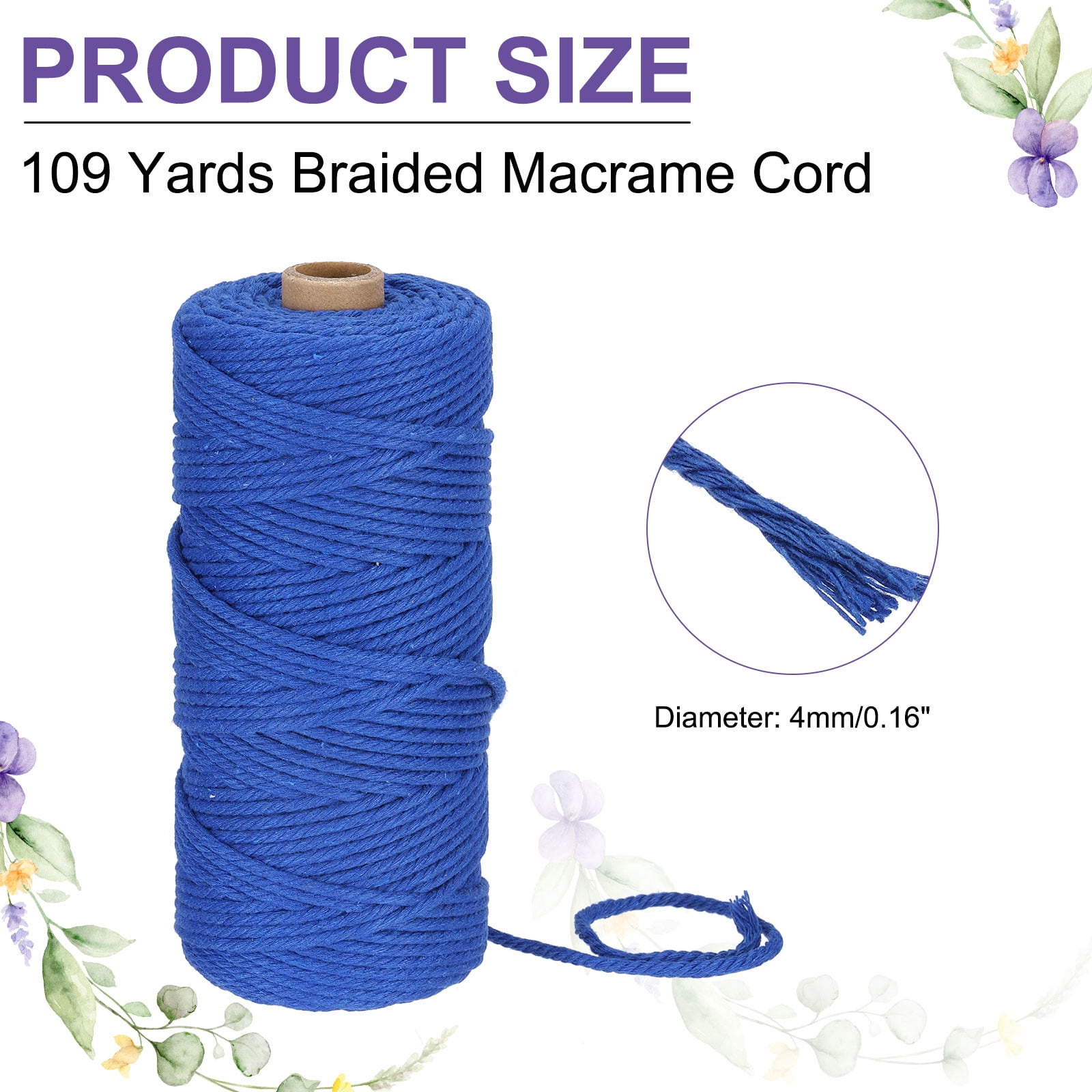Braided Macrame Cord, 3mm x 109 Yards Natural Cotton Rope Macrame Yarn Bohemia Craft String with Scissors(Dark Blue)