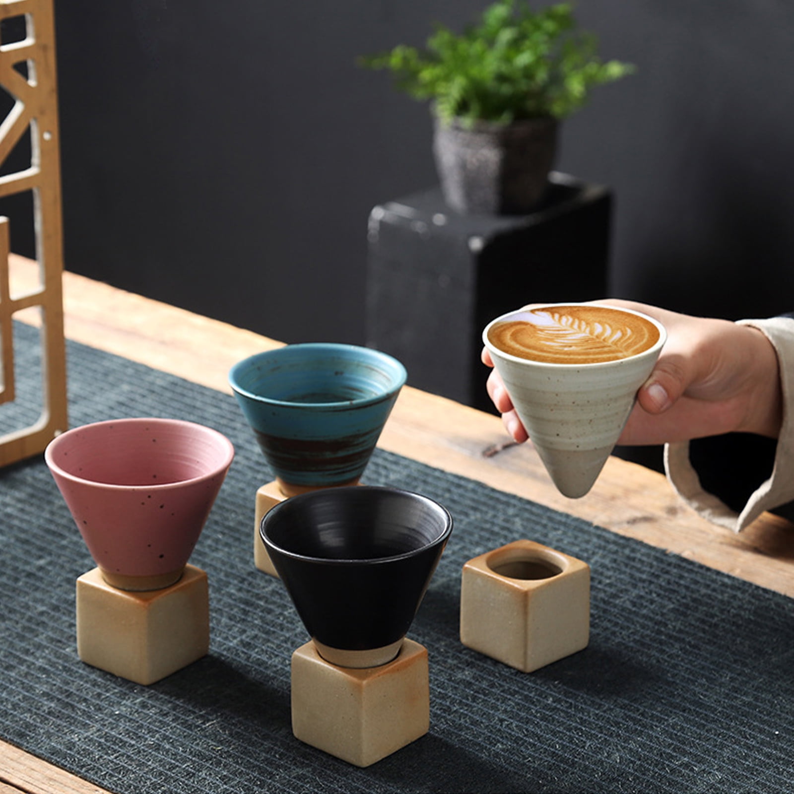 Ceramic Mini Espresso Cups，Coarse Pottery Espresso Cup Creative Tea Cup  with Base，6.7oz Cone Funnel Coffee Cup，For Any Kitchen or Cafe