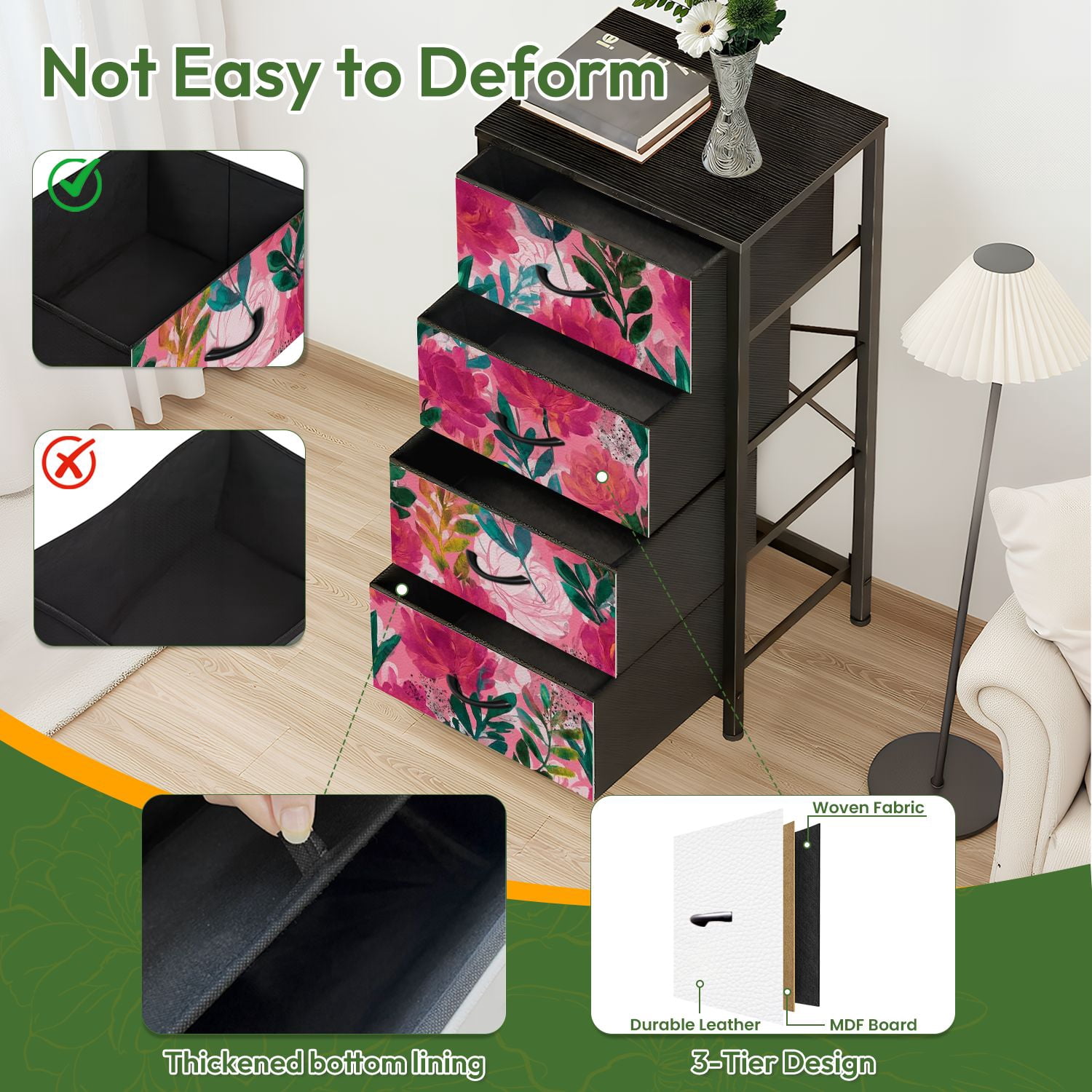 4 Drawer Vertical Storage Dresser Watercolor spring floral bouquets Vintage botanical with Wood Top Fabric Pull Drawers