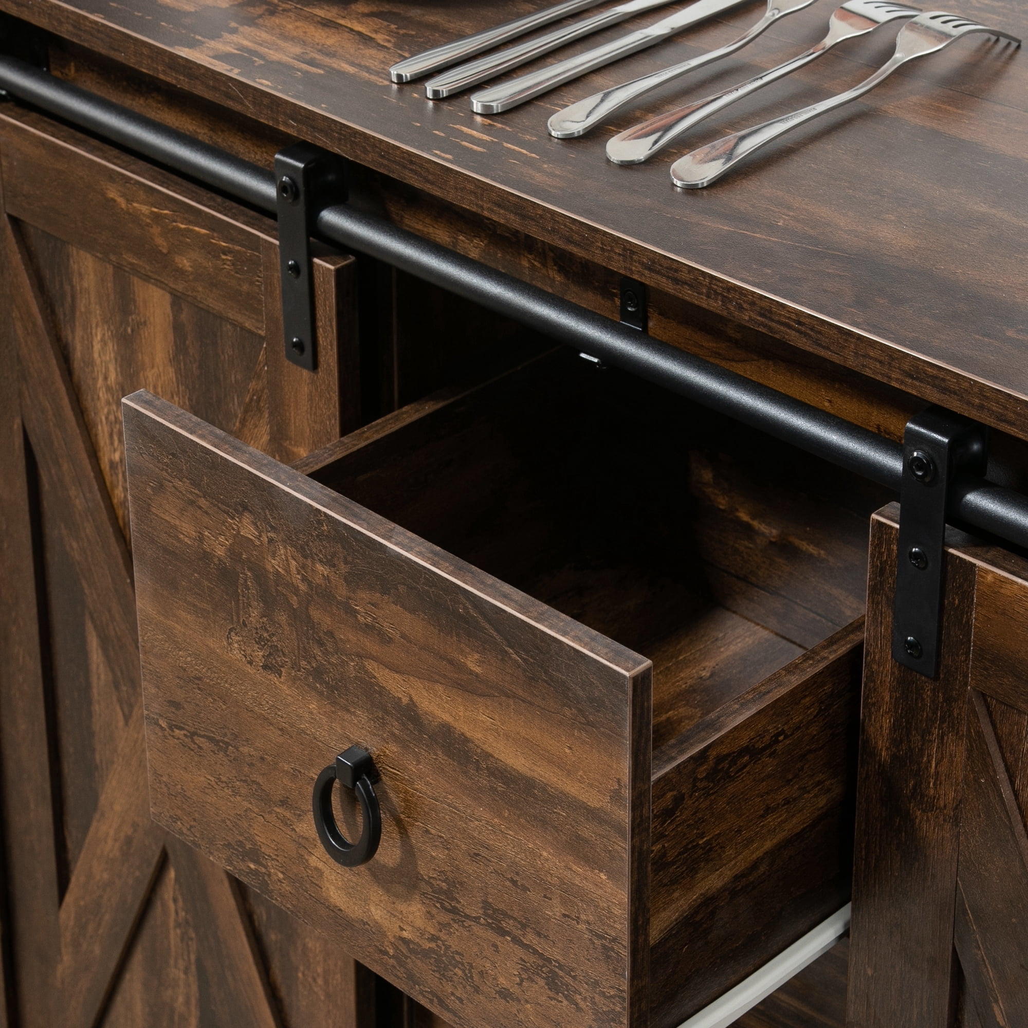 HOQBN Buffet Cabinet, Farmhouse Kitchen Sideboard Storage Credenza with Sliding Barn Doors, Multipurpose Storage Furniture for Dining Room, Living Room and Hallway, Brown