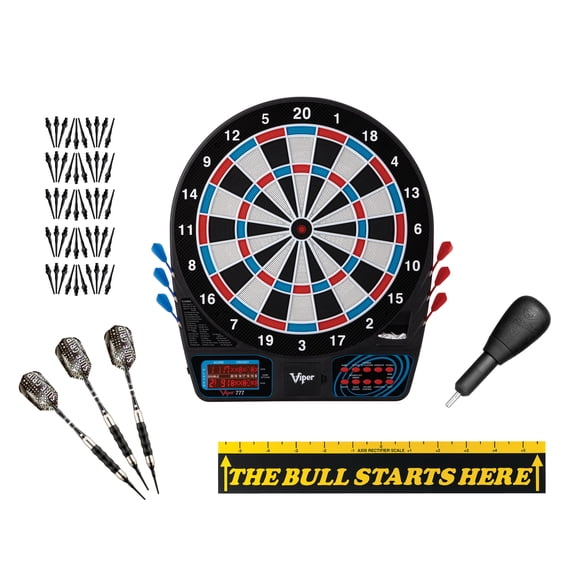 Viper 777 Electronic Dartboard, "The Bull Starts Here" Throw Line, Sure Grip Black Soft Tip Darts, Dart Tip Remover Tool & Tufflex II Black Dart Tips