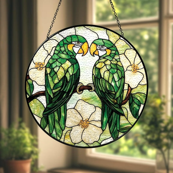 Parrot Couple Suncatcher, Bird Lover Gift, Green Parrot Stained Glass Suncatcher, Tropical Parrot Window Hanging Decor, Nature Suncatcher