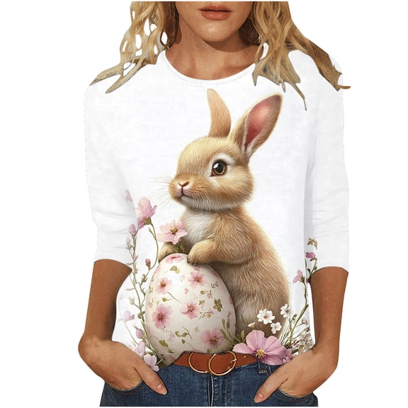 Fjofpr Easter Shirts for Women Plus Size 3/4 Women's Fashion Tees Casual Crewneck 3/4 Sleeve Loose T Shirt Ladies Blouses Shirts