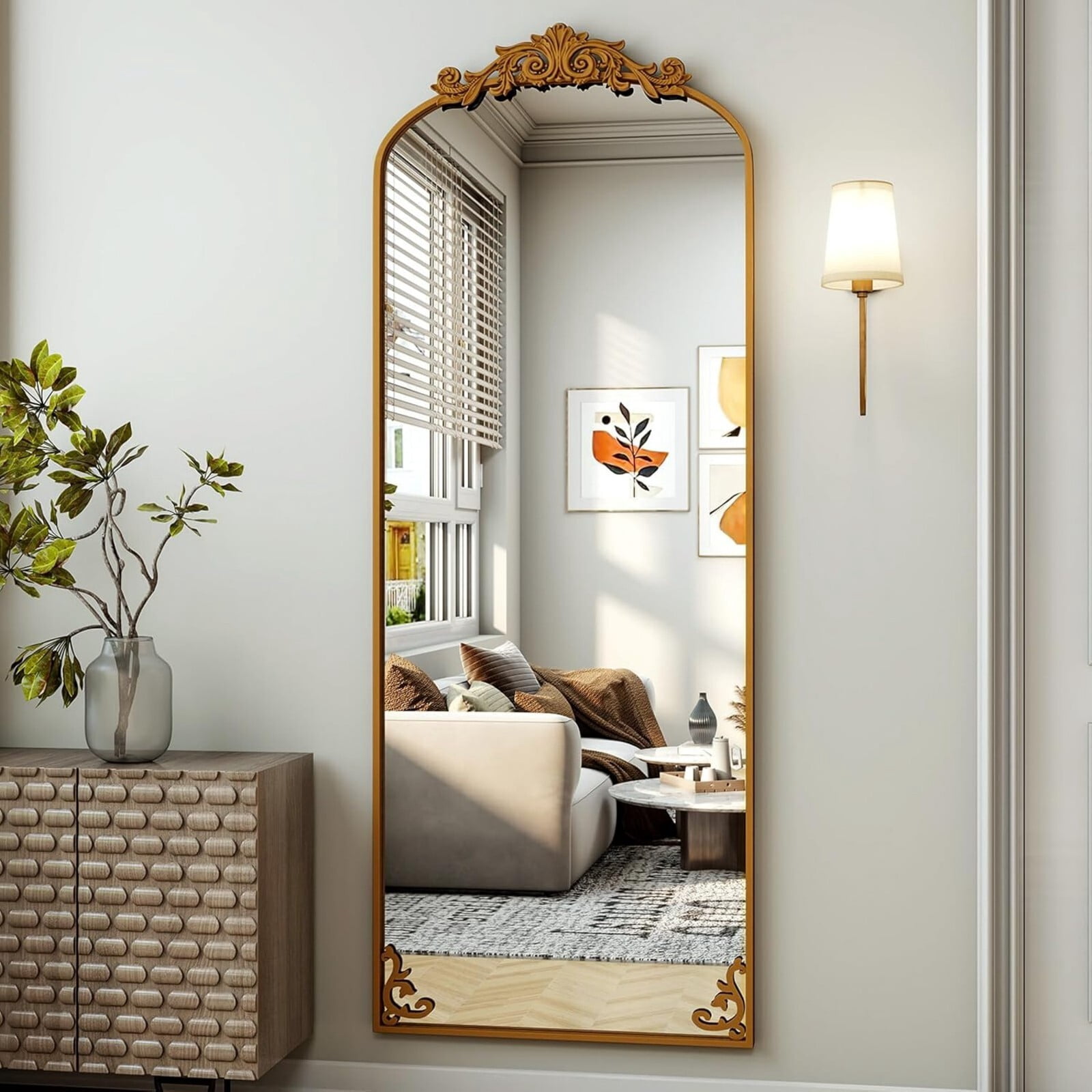 BEAUTYPEAK 64"x21" Antique Arched Full-Length Freestanding Floor Mirror,Bronze