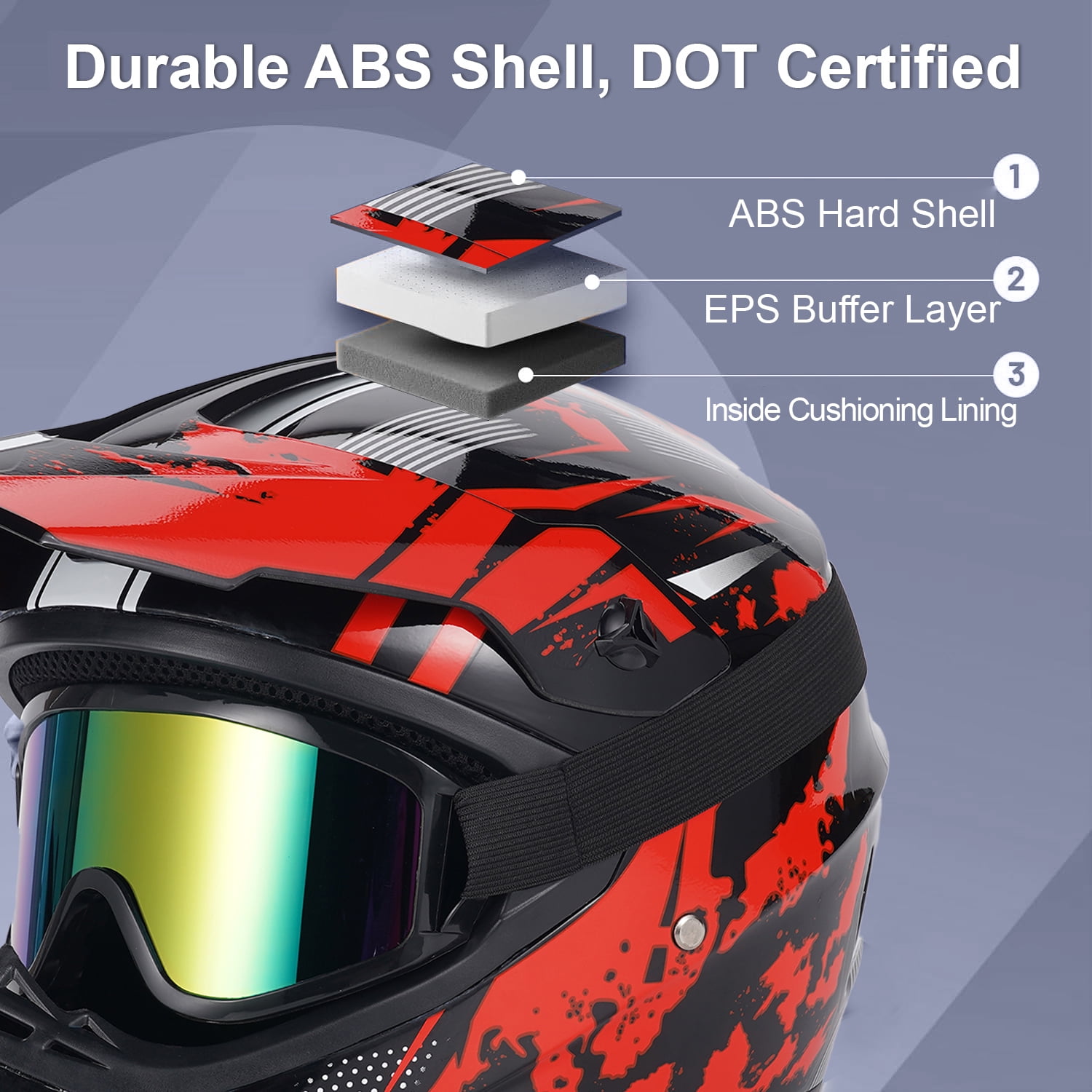 Nuao Motorcycle Helmet, Vintage Motocross Helmet with Goggles, Gloves, Mask, Sun Visor Snowmobile, ATV off Road Helmet DOT Approved, Red, XL