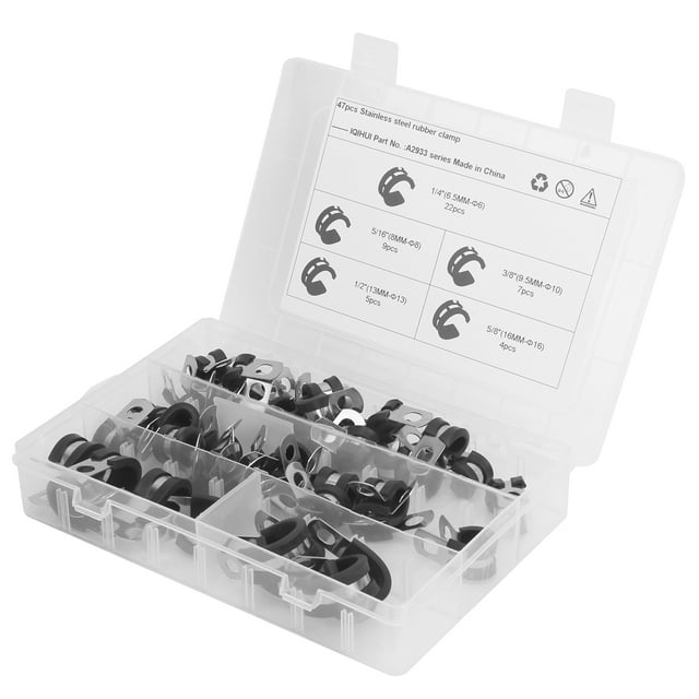 Juego de abrazaderas de cable de 47 piezas en forma de R Kit surtido de cojines de goma y acero inoxidable 304