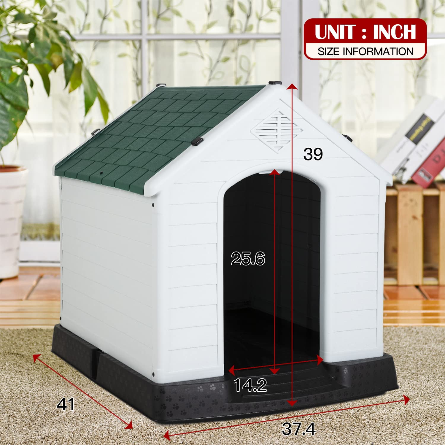 Large Dog House Plastic Dog Kennel Indoor Outdoor for Large Dogs, 39 inch All Weather Doghouse Puppy Shelter with Air Vents and Elevated Floor Ventilate,Green