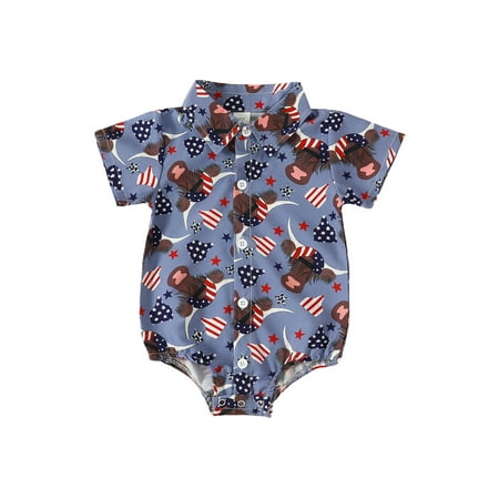 

HOANSELAY Independence Day Baby Boy Romper Turn-down Collar Boots/Bull Head Print Summer Gentleman Bodysuit
