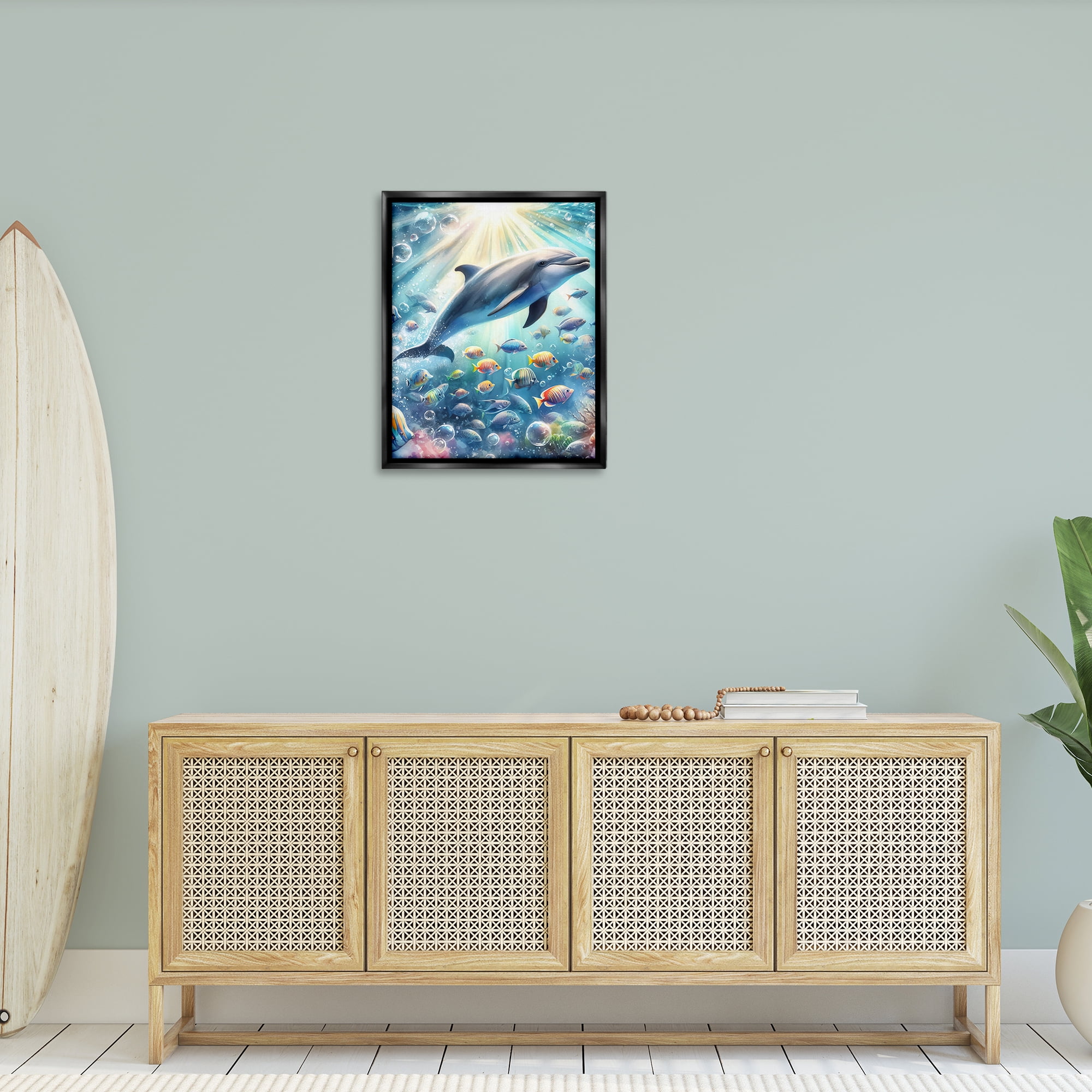 Stupell Industries Dolphin Among Sea Life Nautical & Beach Painting Black Floater Framed Canvas Art Print Wall Art, 25 x 31