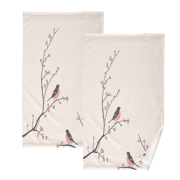 Birds and Flowers Design Set of 2 Pure Cotton Towels, 16'' x 28'', Highly Absorbent and Soft