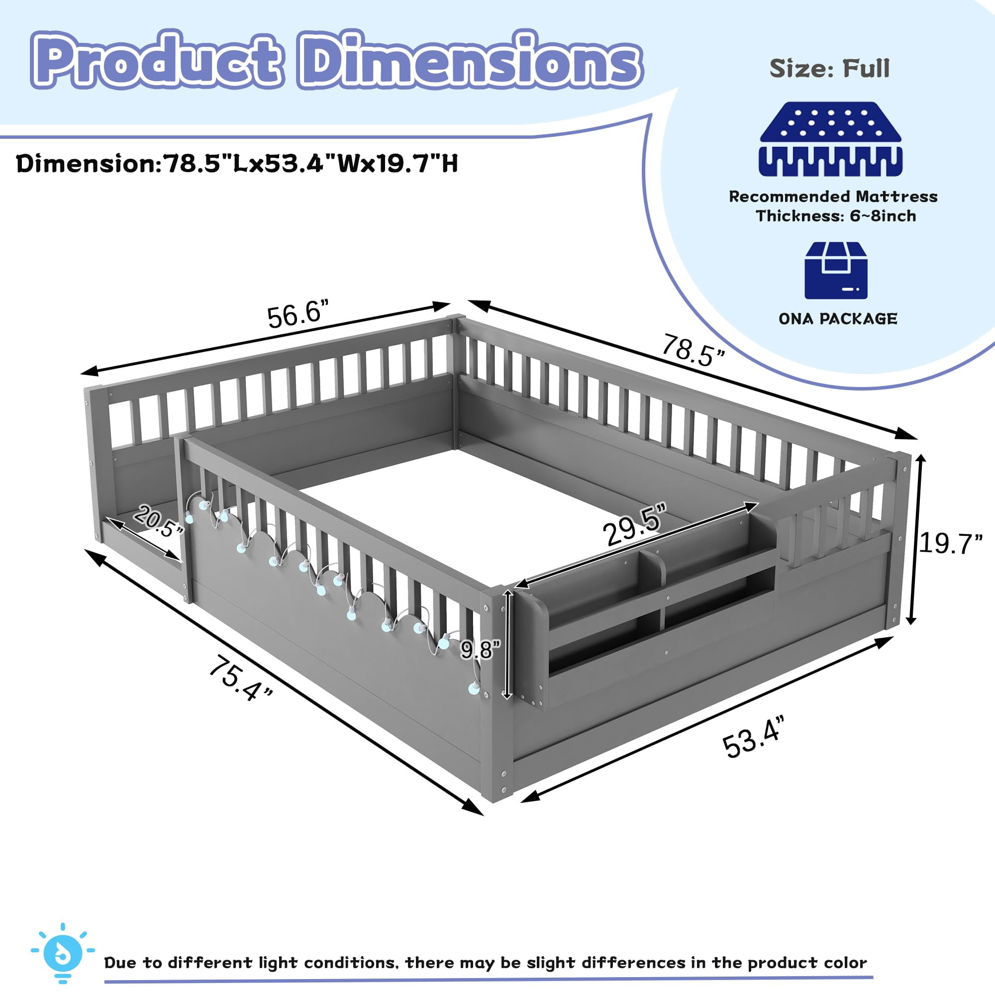 Montessori  High Rails and LED Lights Floor Bed, Full Size