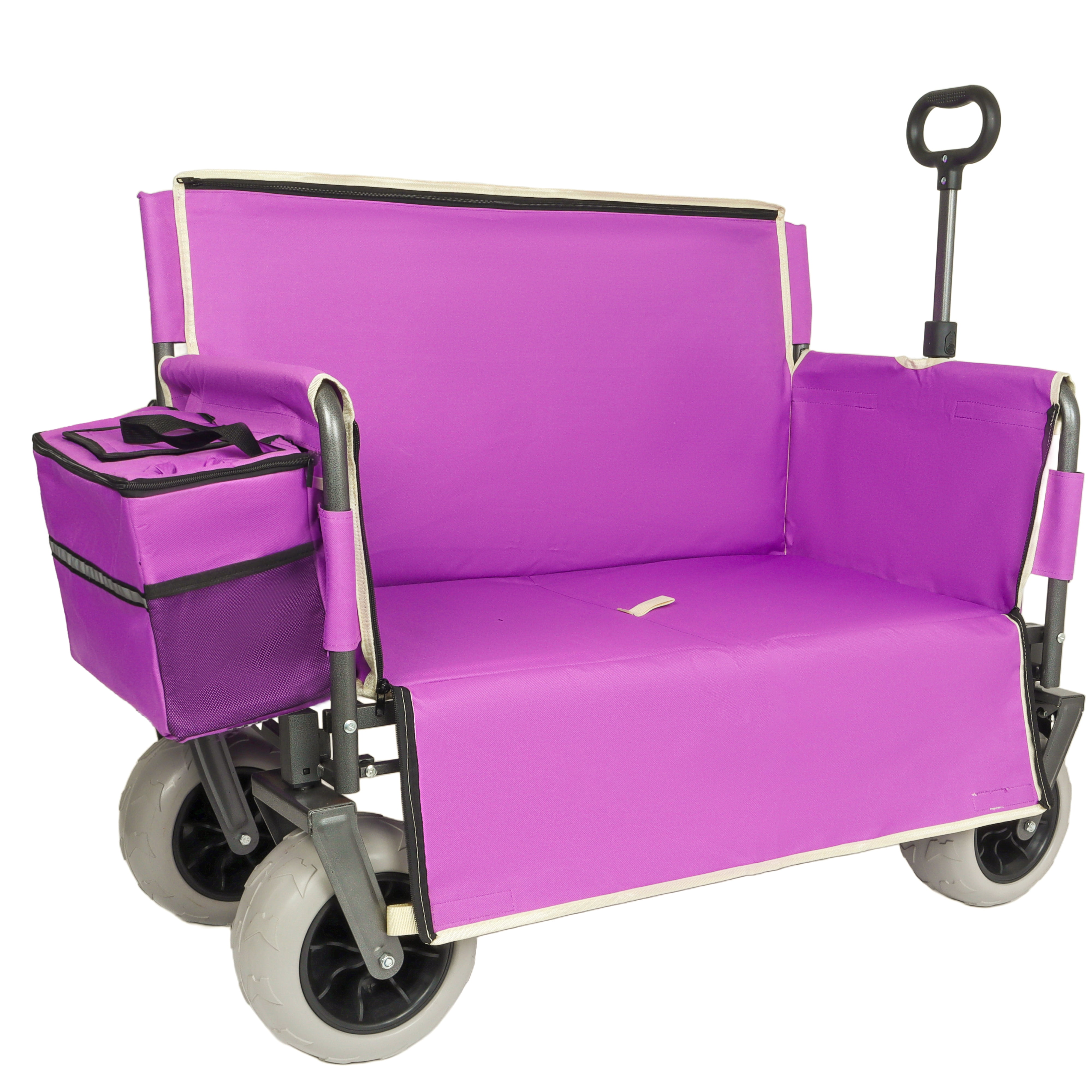 Patented 3‑in‑1 Heavy‑Duty Folding Wagon Cart with Bench Seat & Storage, 500lbs 180L All‑Terrain Utility Wagon with 1 Ice Pack, for Camping Beach Sports Garden Fishing, Purple