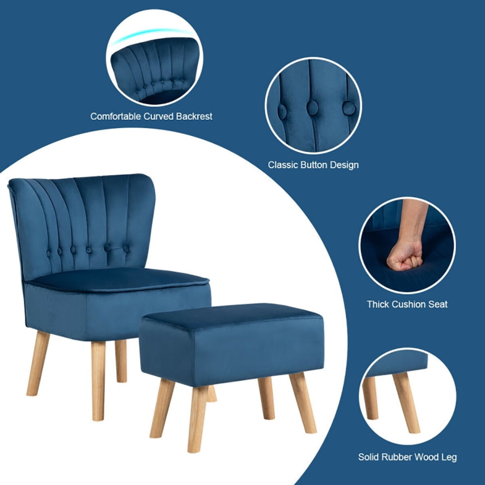 Finihen Velvet Accent Chair, Modern Accent Chair Ottoman Set with Footstool, Thickly Padded, for Living Room, Bedroom, Blue
