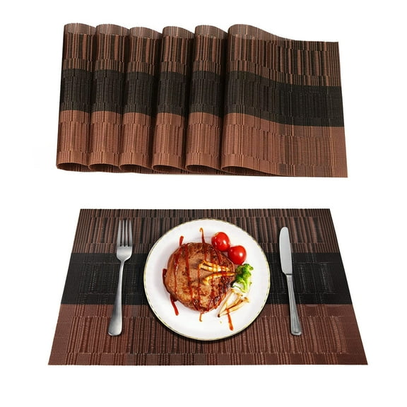 Generic Set of 6 Placemats, Heat-Resistant Vinyl Woven Placemats, Anti-Skid Washable PVC Table Mats, for Kitchen, Dining, Party, Holiday, 11.8x17.7 inch, Brown