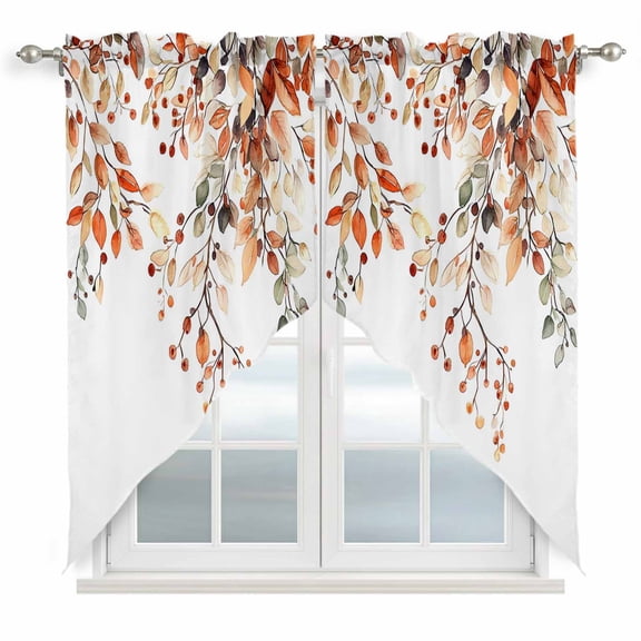 Fall Leaves Kitchen Window Curtains, Swag Curtains Valance for Bedroom Living Room Bathroom, Farmhouse Orange Eucalyptus Leaf Floral Rod Pocket Window Treatment Curtain Block Drapes 2 Panels 36"x63"