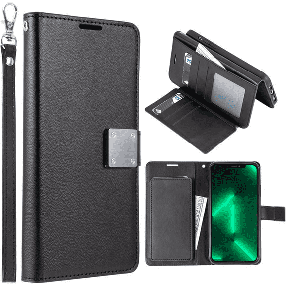Entronix Wallet Case Compatible with iPhone 14 Plus, Book Style with Lanyard, Black