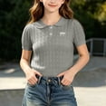 thumbnail image 2 of jobturf Girls Peter Pan Collar Short Sleeve Knit Top Bow Embroidery Cropped Sweater Tee School Uniform Tshirts Size 2-15 Years, 2 of 7