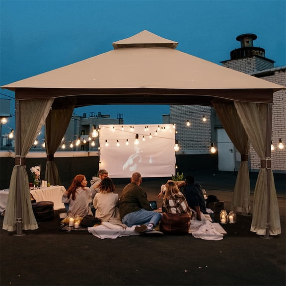 10'x13' Gazebo, Outdoor Gazebo with Mosquito Netting, Metal Frame Double Roof Soft Top Patio Gazebo Canopy Tent for Deck Backyard Garden Lawns (Khaki) 12528